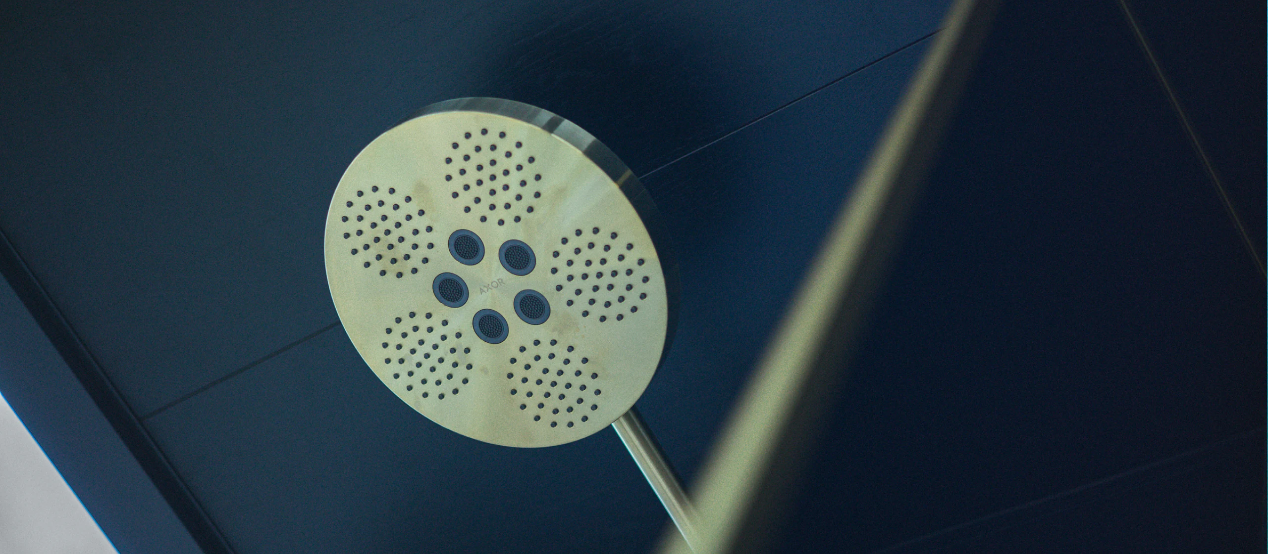 Oversized brass rainfall shower head against a dark ceiling — boutique-hotel bath fixtures